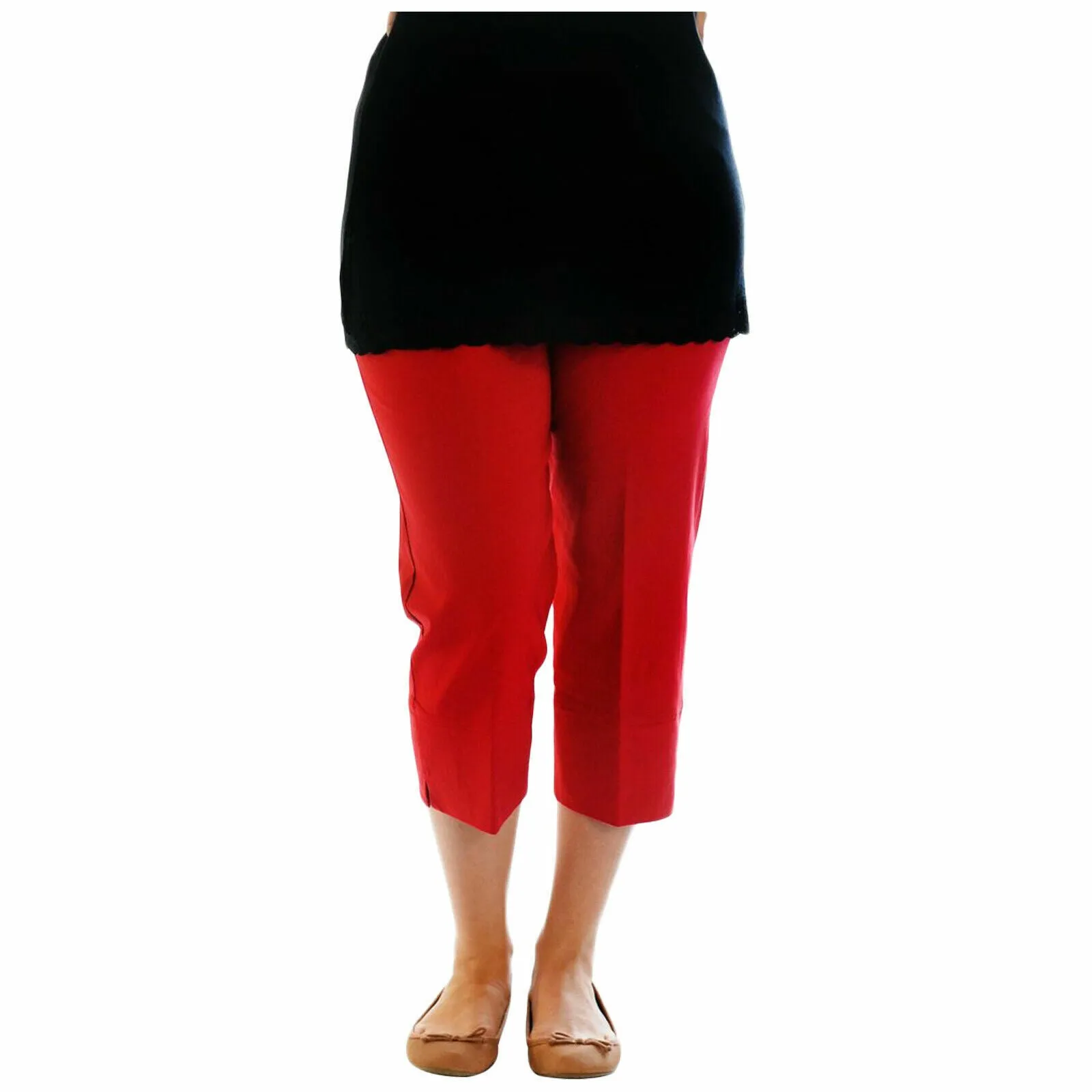 LADIES 3/4 CAPRI TROUSERS BENGALINE STRETCH ELASTICATED WAIST THREE QUARTER CROP PANTS