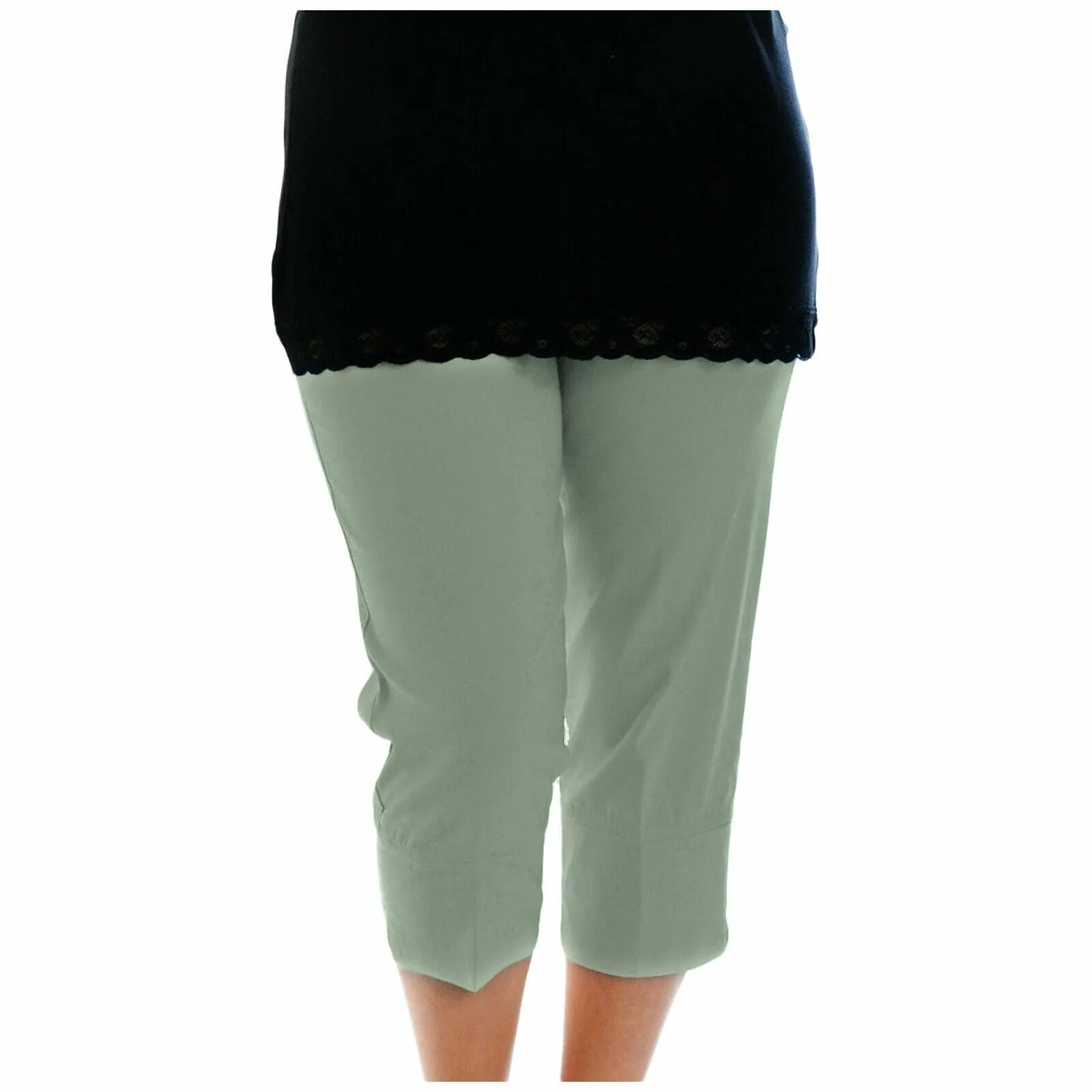 LADIES 3/4 CAPRI TROUSERS BENGALINE STRETCH ELASTICATED WAIST THREE QUARTER CROP PANTS