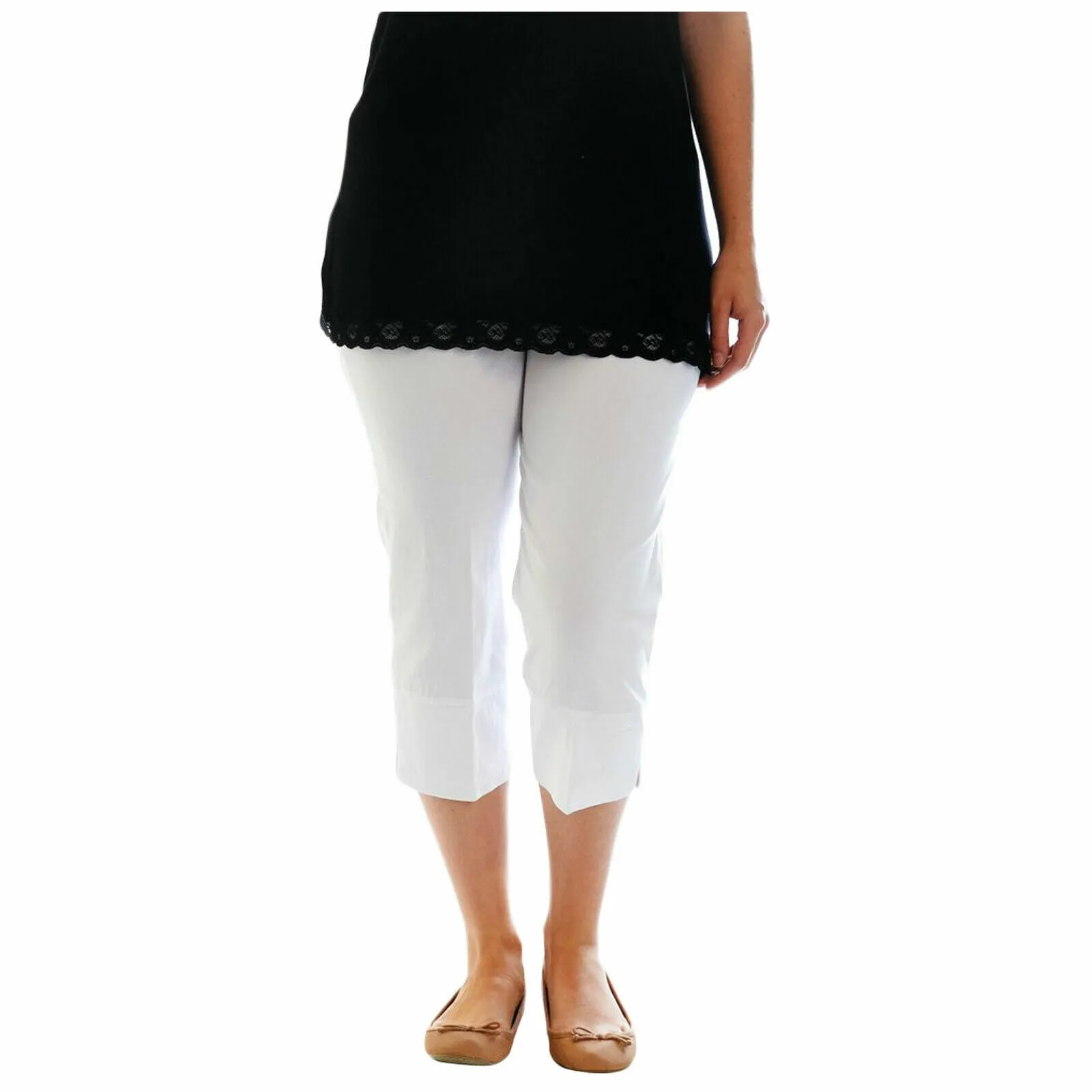 LADIES 3/4 CAPRI TROUSERS BENGALINE STRETCH ELASTICATED WAIST THREE QUARTER CROP PANTS