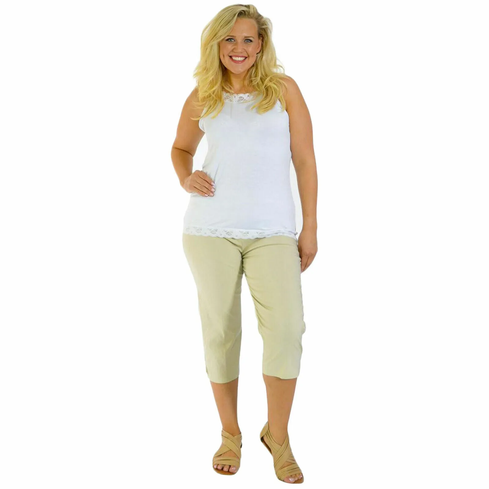 LADIES 3/4 CAPRI TROUSERS BENGALINE STRETCH ELASTICATED WAIST THREE QUARTER CROP PANTS