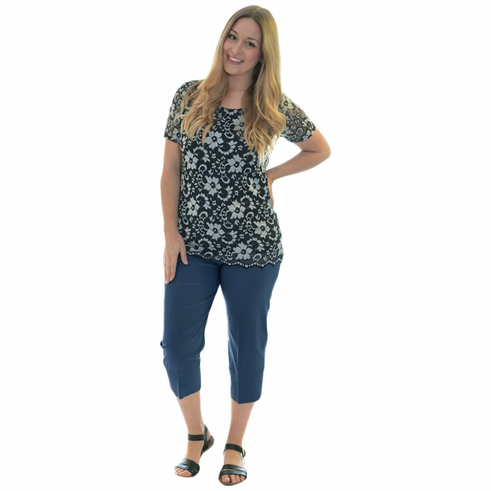 LADIES 3/4 CAPRI TROUSERS BENGALINE STRETCH ELASTICATED WAIST THREE QUARTER CROP PANTS