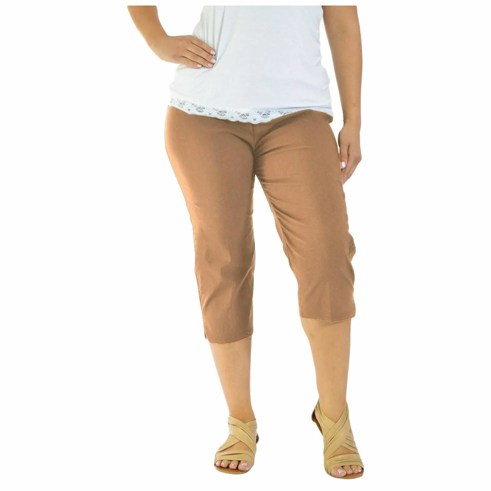 LADIES 3/4 CAPRI TROUSERS BENGALINE STRETCH ELASTICATED WAIST THREE QUARTER CROP PANTS
