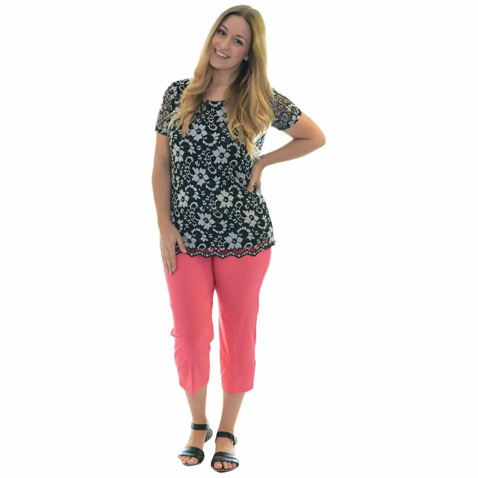 LADIES 3/4 CAPRI TROUSERS BENGALINE STRETCH ELASTICATED WAIST THREE QUARTER CROP PANTS