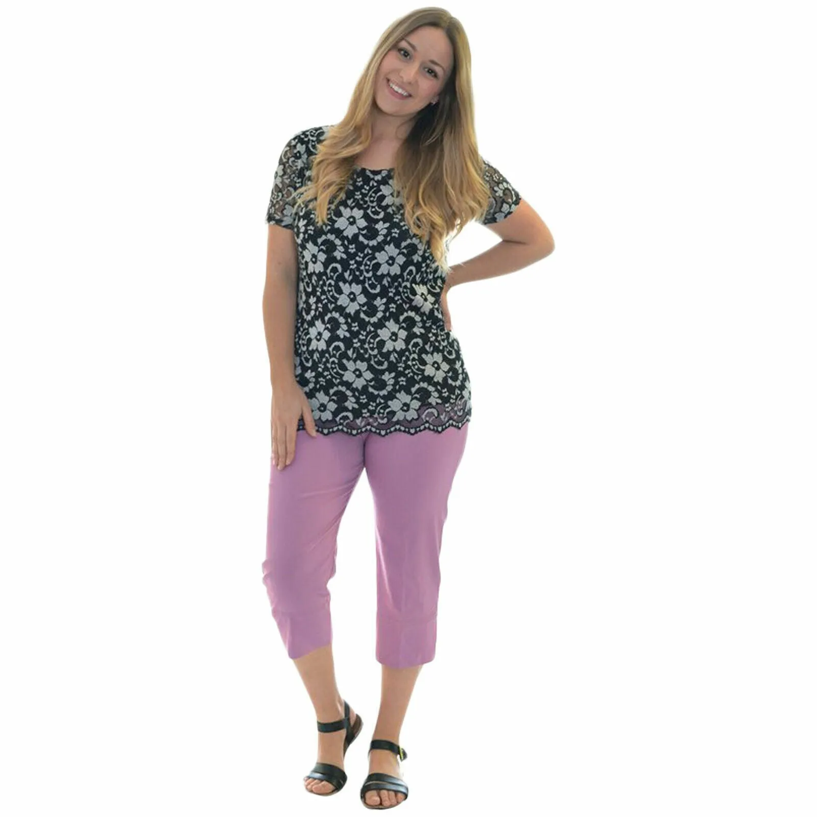 LADIES 3/4 CAPRI TROUSERS BENGALINE STRETCH ELASTICATED WAIST THREE QUARTER CROP PANTS