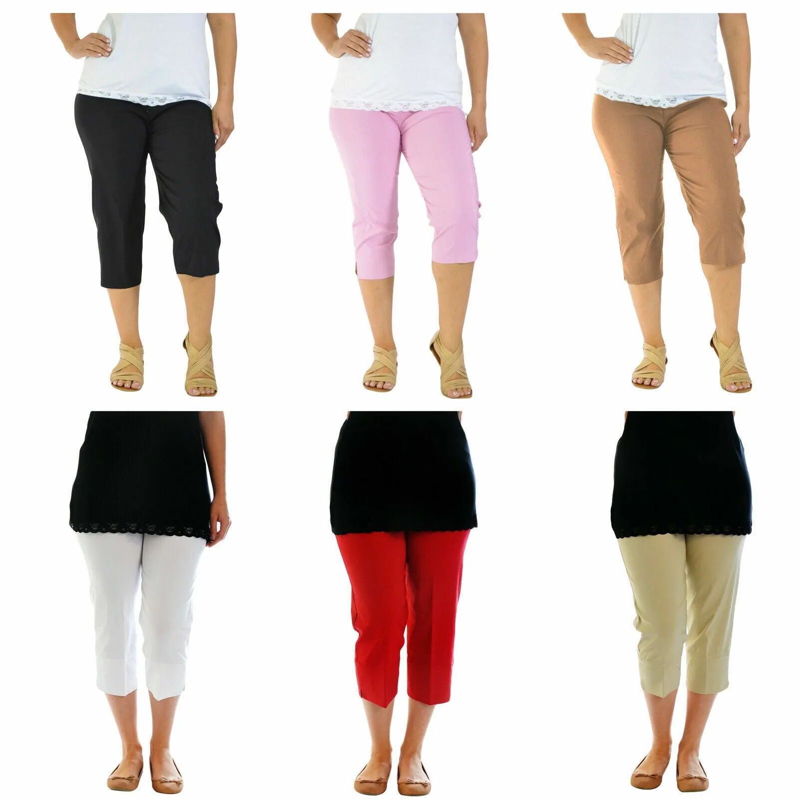 LADIES 3/4 CAPRI TROUSERS BENGALINE STRETCH ELASTICATED WAIST THREE QUARTER CROP PANTS