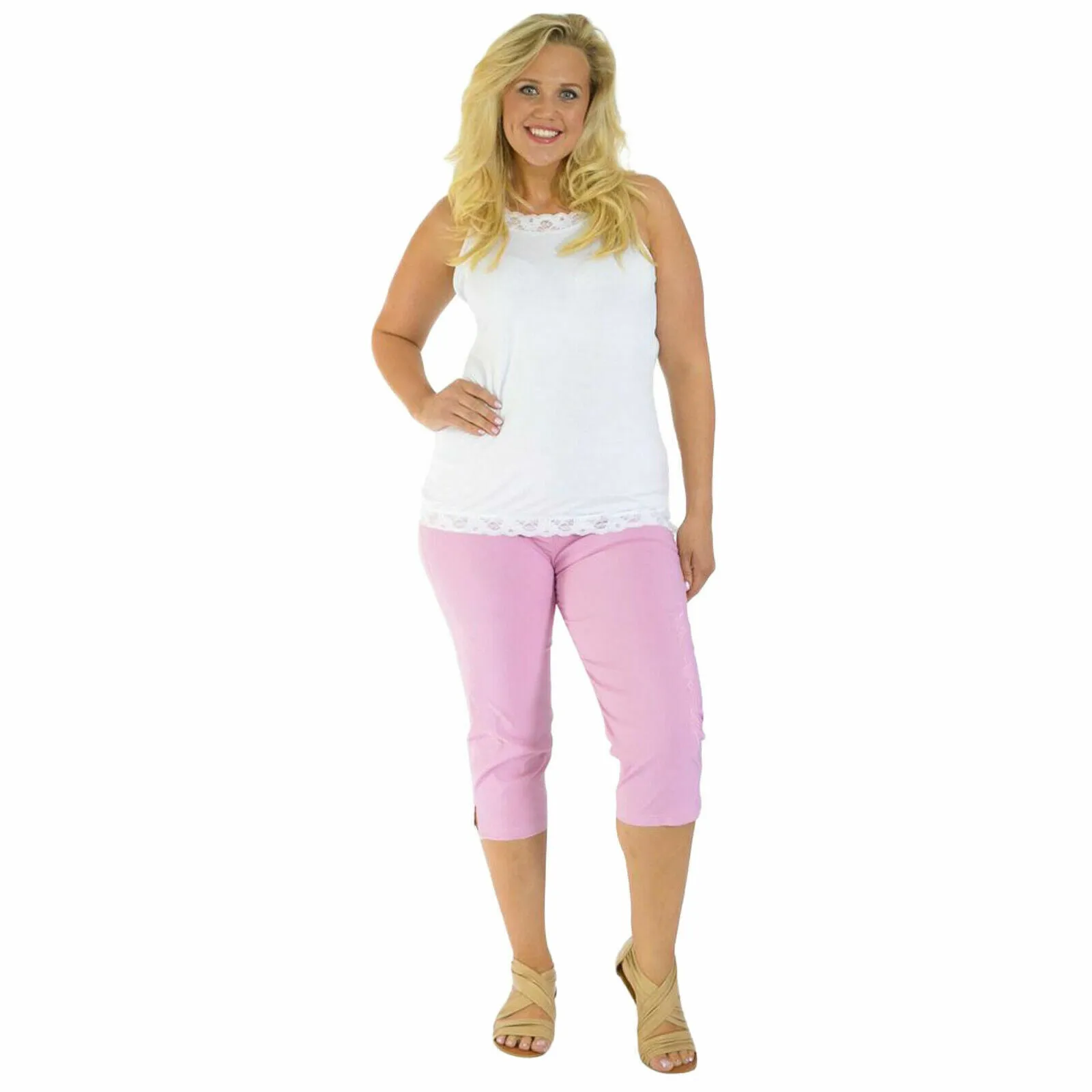 LADIES 3/4 CAPRI TROUSERS BENGALINE STRETCH ELASTICATED WAIST THREE QUARTER CROP PANTS