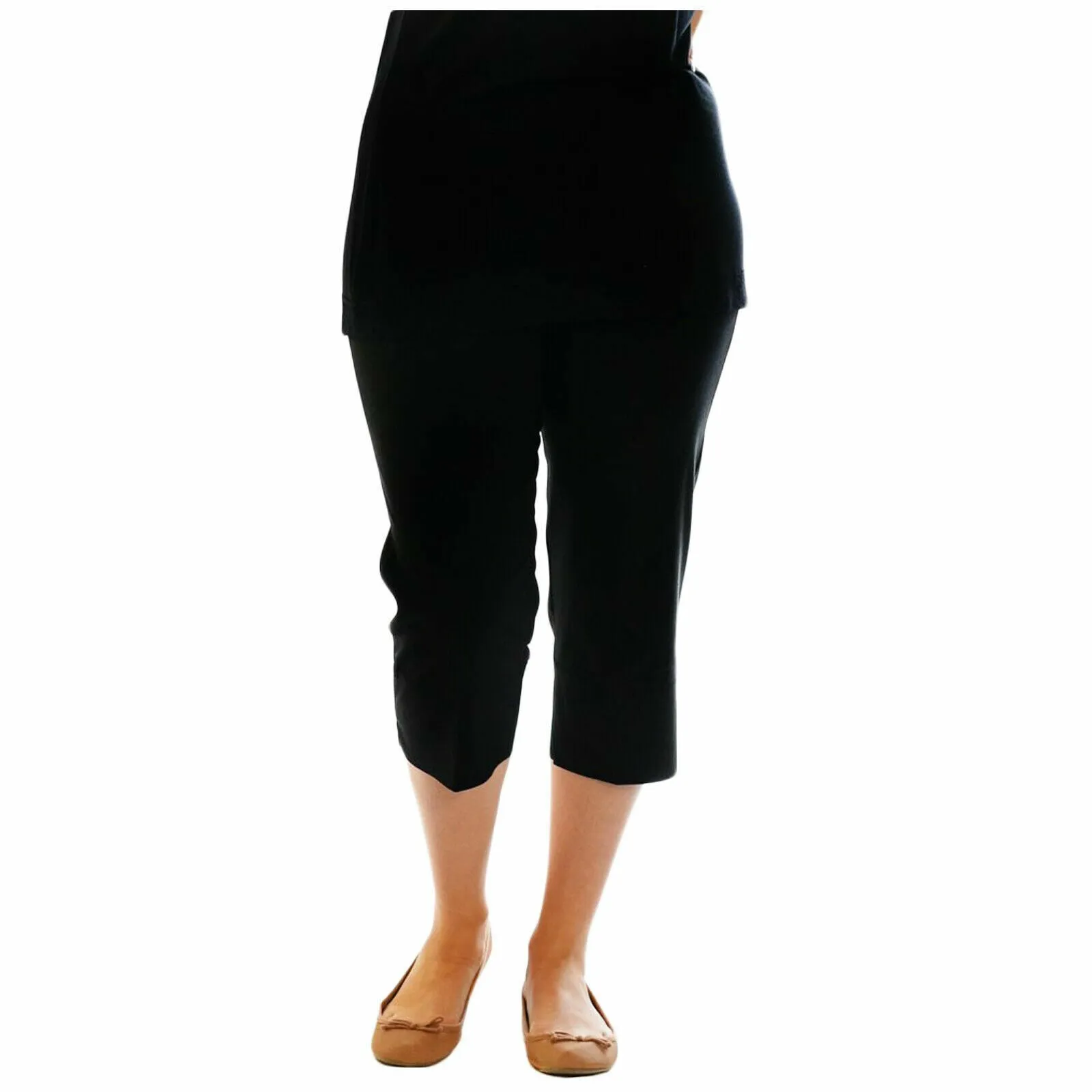LADIES 3/4 CAPRI TROUSERS BENGALINE STRETCH ELASTICATED WAIST THREE QUARTER CROP PANTS