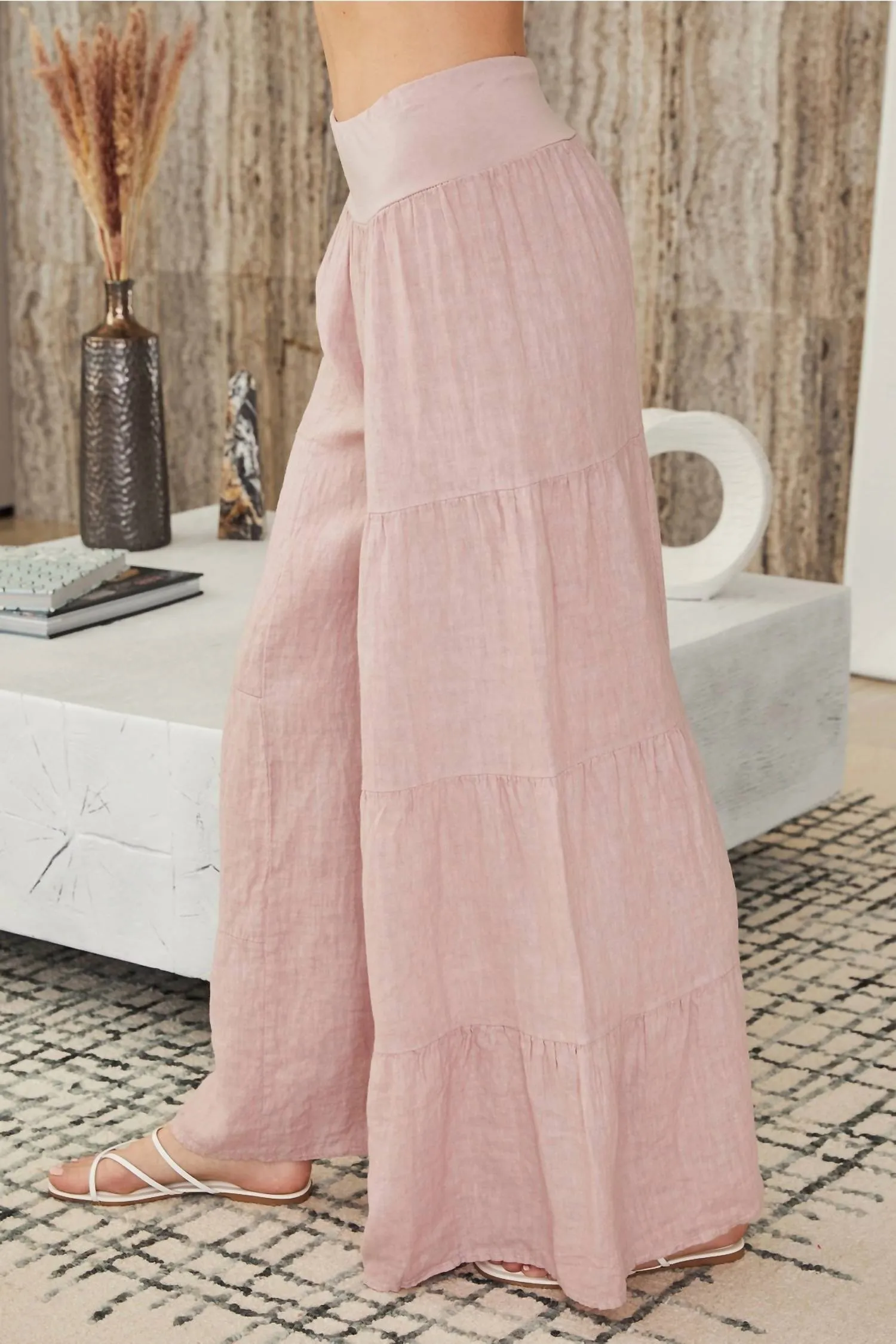 Linen Tiered Palazzo Pants In Dusty Rose