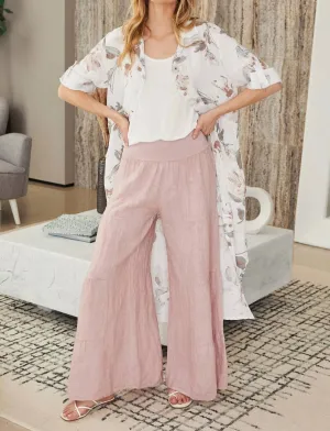 Linen Tiered Palazzo Pants In Dusty Rose
