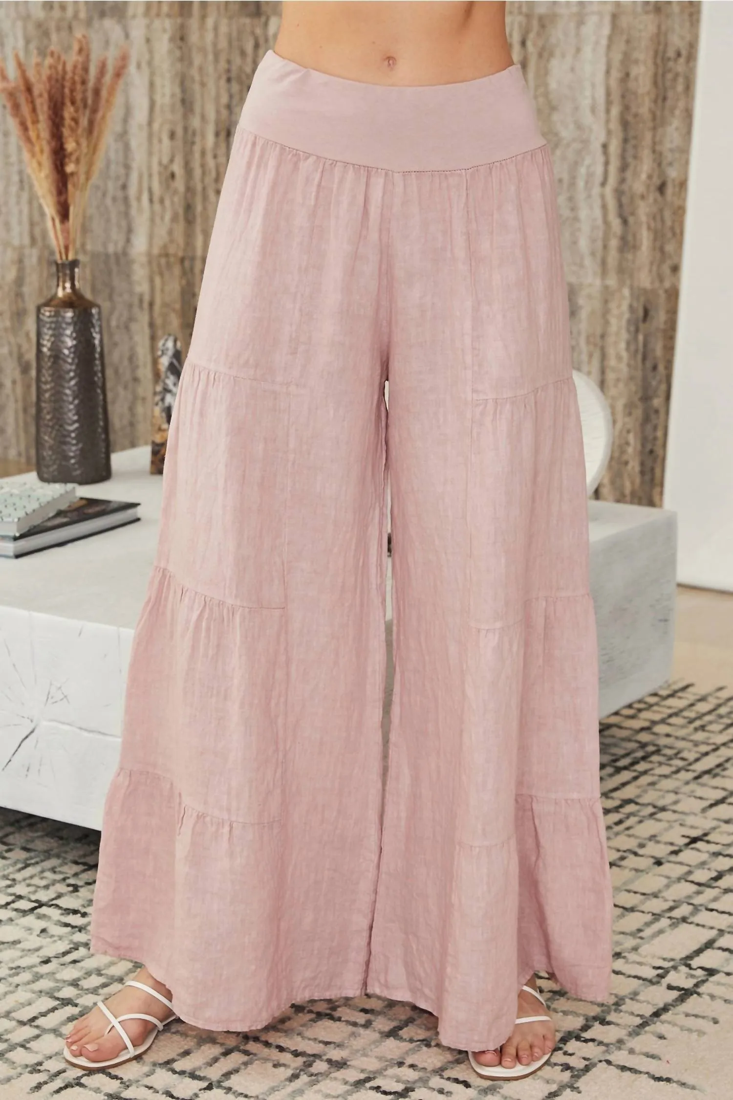 Linen Tiered Palazzo Pants In Dusty Rose