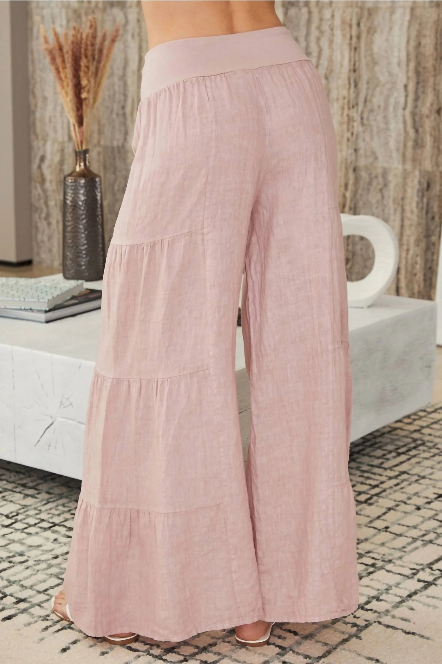 Linen Tiered Palazzo Pants In Dusty Rose