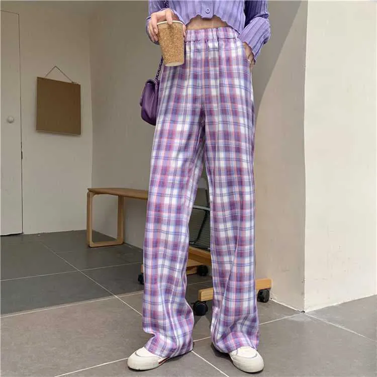 Loose Wide Leg Plaid Casual Pants