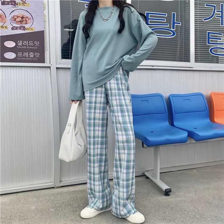 Loose Wide Leg Plaid Casual Pants