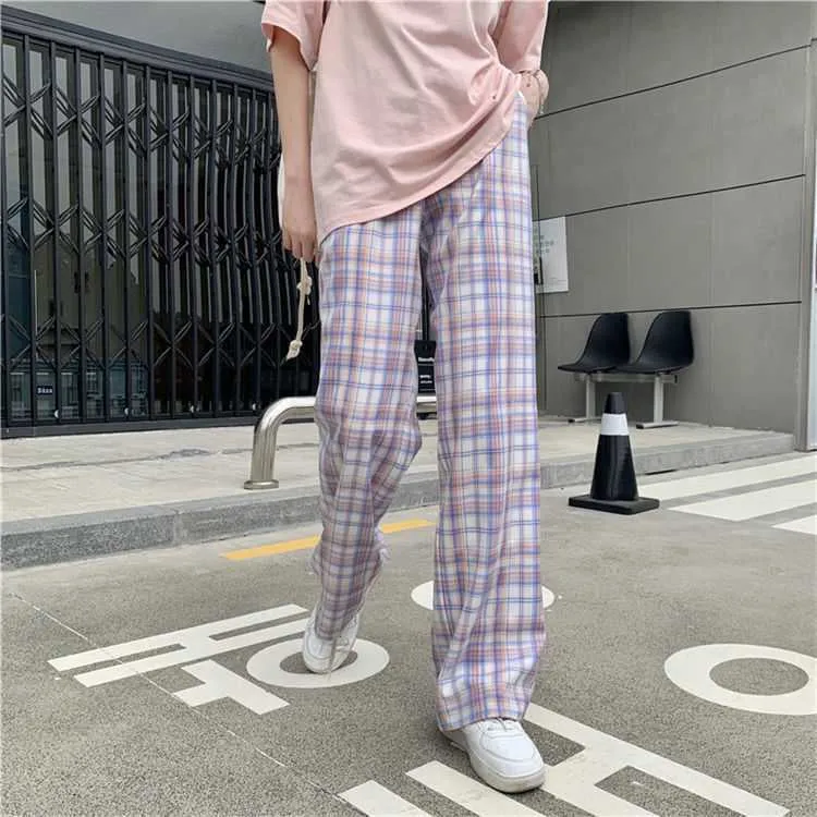 Loose Wide Leg Plaid Casual Pants