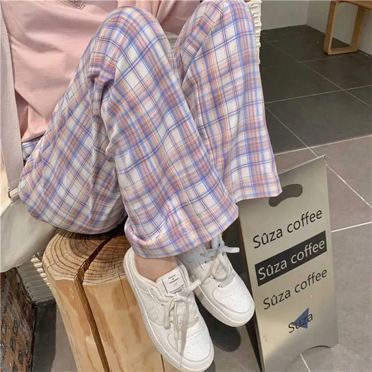 Loose Wide Leg Plaid Casual Pants