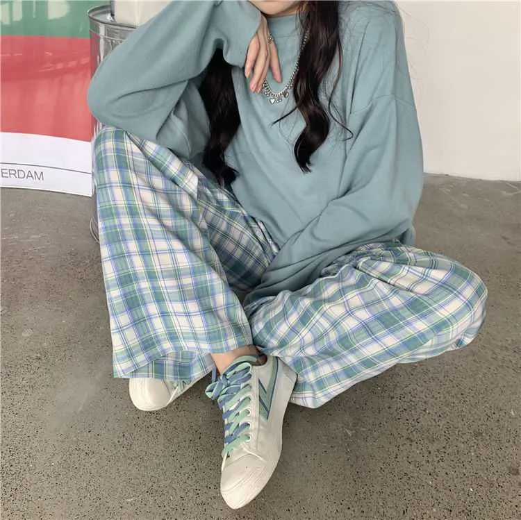 Loose Wide Leg Plaid Casual Pants