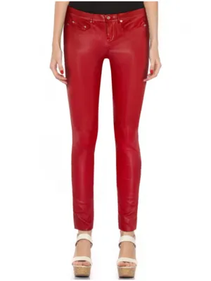 Low-Rise Red Leather Pants