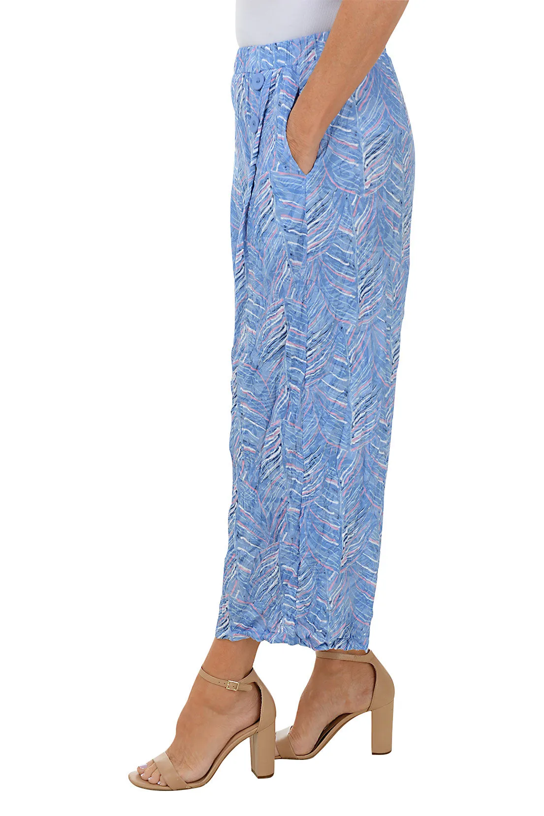 Marbled Leaves Crinkle Triple Button Palazzo Pant