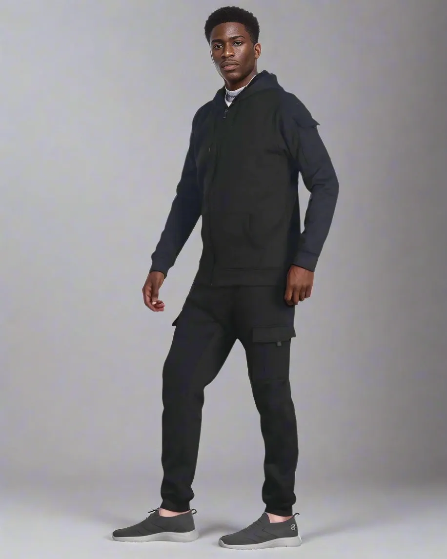 Men Fleece Jogger with utility Cargo Pockets Sweat jacket and Sweatpants Outfit
