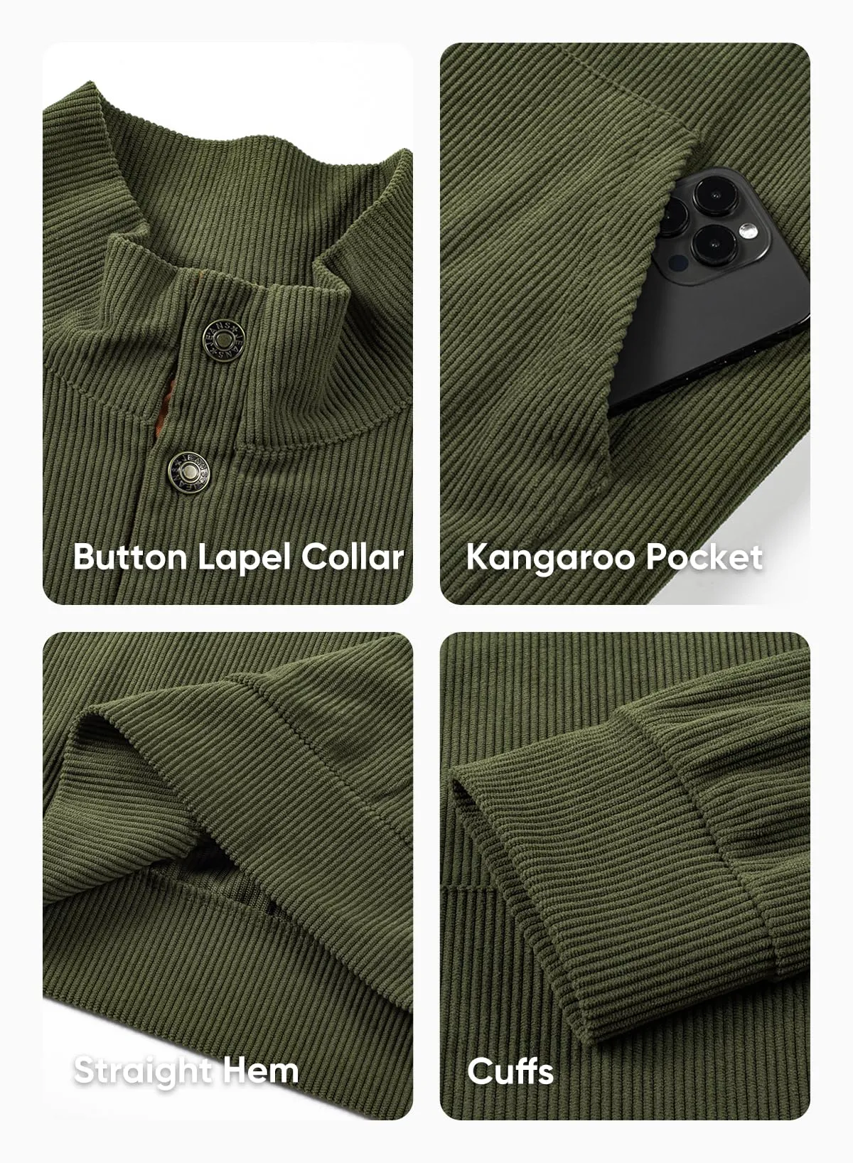 Men's Long Sleeve 1/4 Button Corduroy Pullover Sweater
