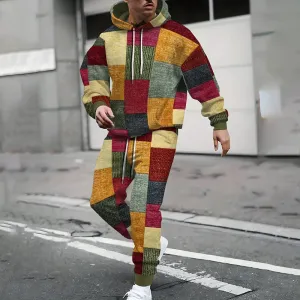 Men's Plaid Printed Plus Size Hoodie & Sweatpants Set