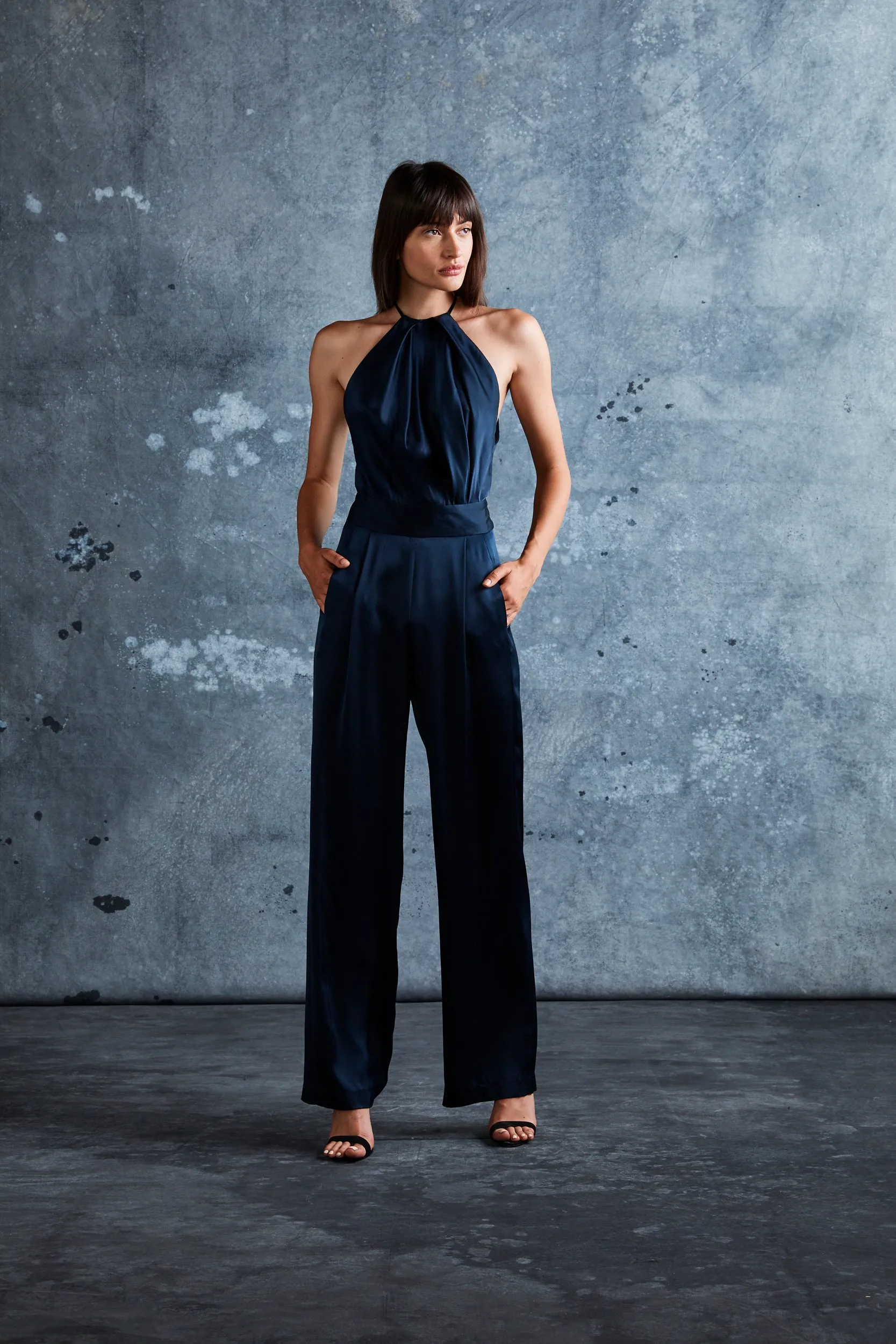 Midnight Silk Charmeuse Wide Leg Trouser