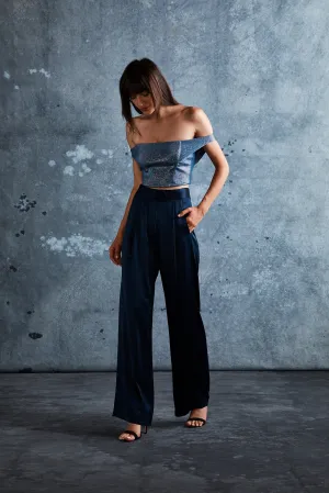 Midnight Silk Charmeuse Wide Leg Trouser