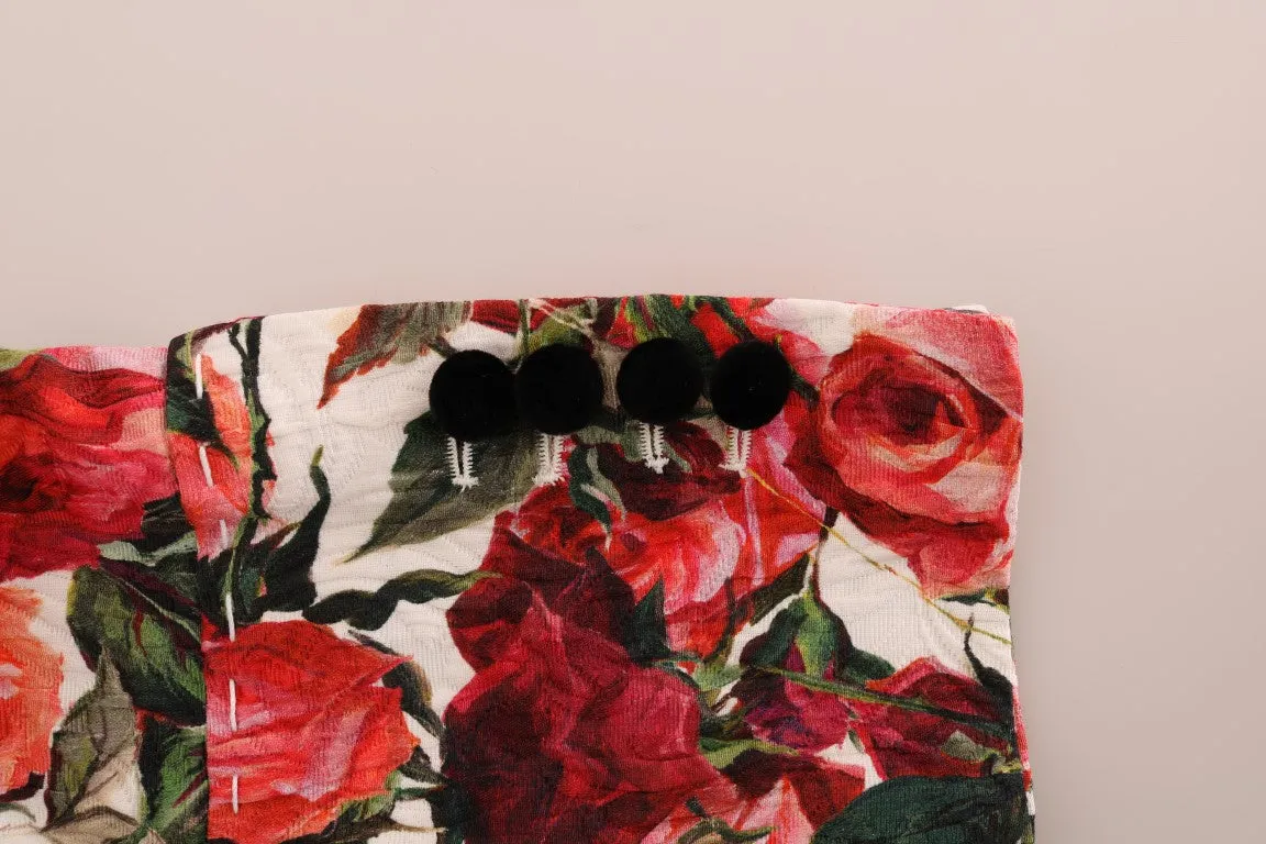 Multicolor Roses Print Brocade Capri Pants