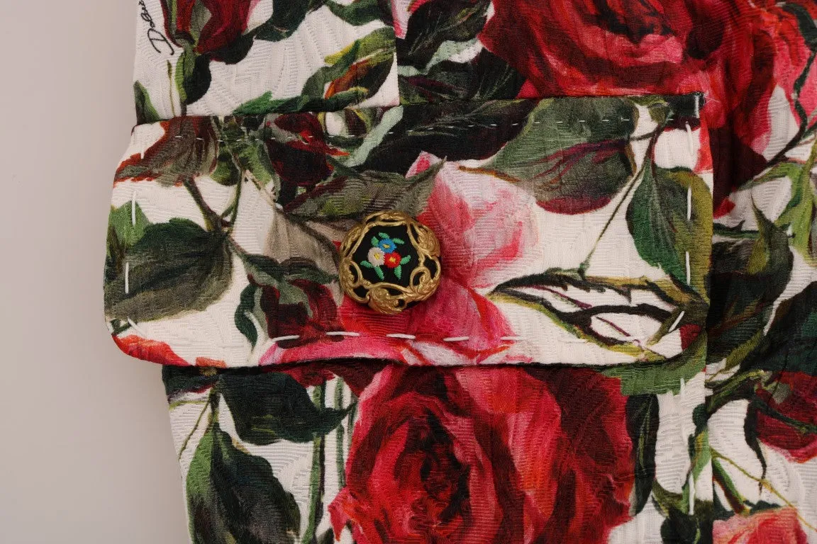 Multicolor Roses Print Brocade Capri Pants