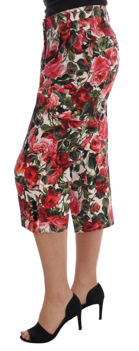 Multicolor Roses Print Brocade Capri Pants