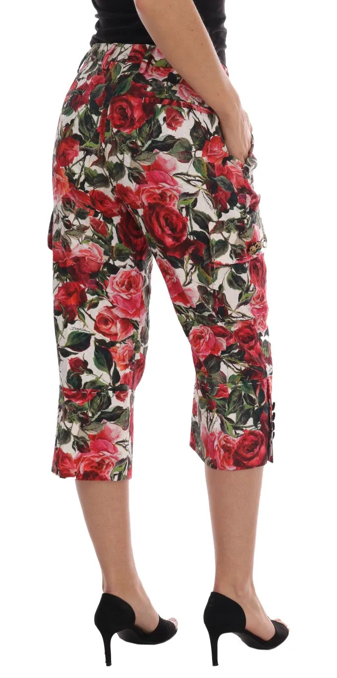 Multicolor Roses Print Brocade Capri Pants