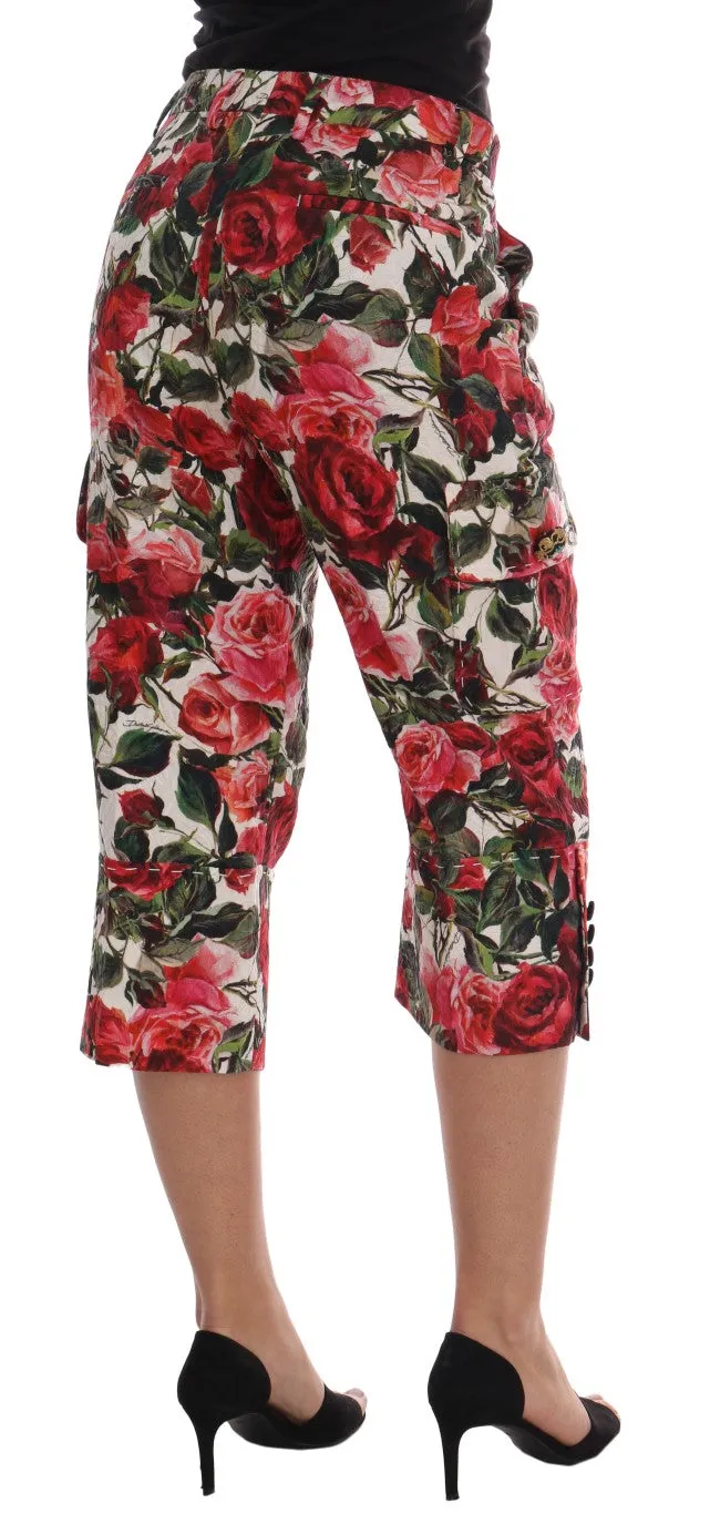 Multicolor Roses Print Brocade Capri Pants