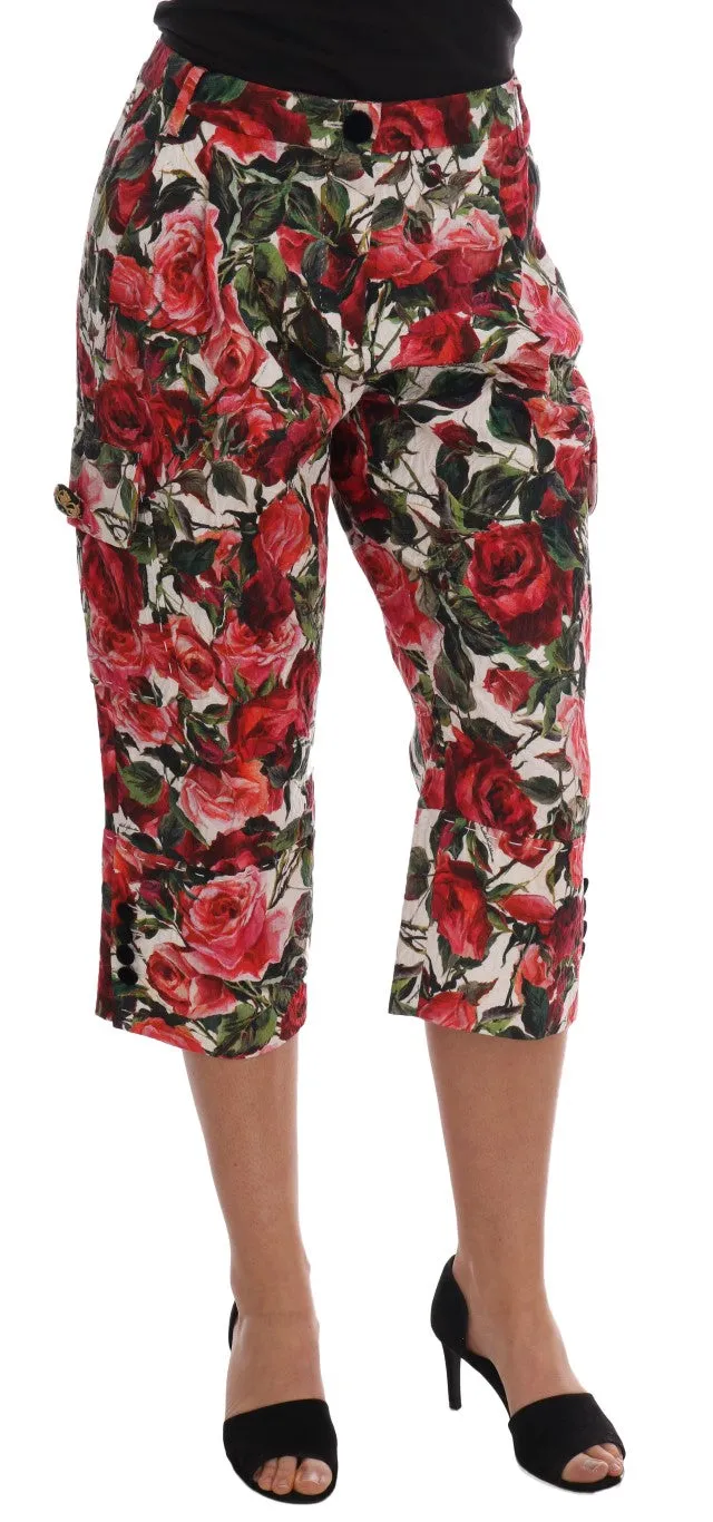 Multicolor Roses Print Brocade Capri Pants