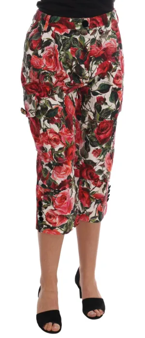 Multicolor Roses Print Brocade Capri Pants