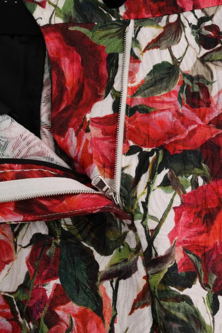 Multicolor Roses Print Brocade Capri Pants