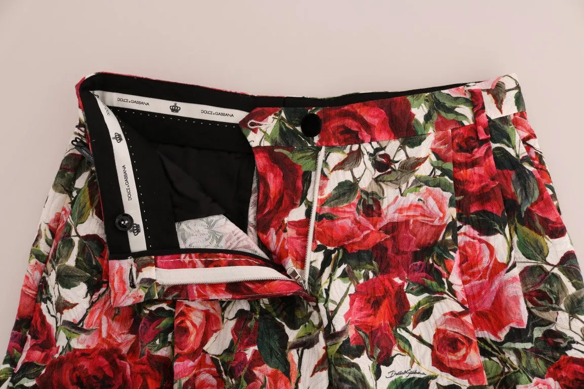 Multicolor Roses Print Brocade Capri Pants
