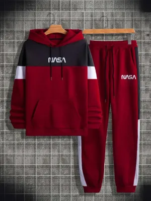 New Shein Men Letter Graphic Colorblock Kangaroo Pocket Drawstring Hoodie & Sweatpants Sz M!