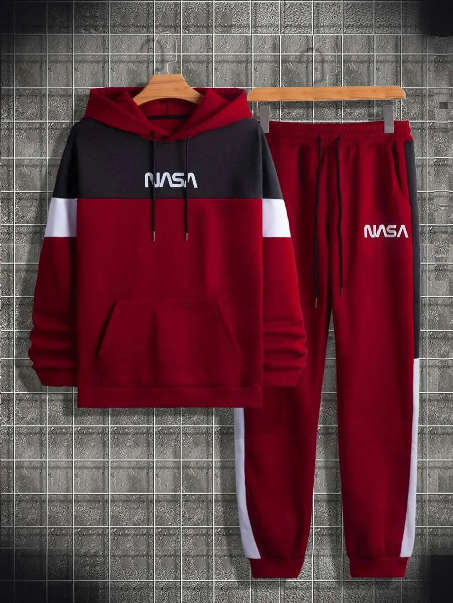New Shein Men Letter Graphic Colorblock Kangaroo Pocket Drawstring Hoodie & Sweatpants Sz M!