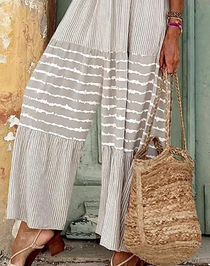 NEW Women's Jumpsuit Print Striped Round Neck Boho Vacation Wide Leg Regular Fit Long Sleeve, Sz XL, Retails $77 