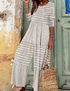 NEW Women's Jumpsuit Print Striped Round Neck Boho Vacation Wide Leg Regular Fit Long Sleeve, Sz XL, Retails $77 