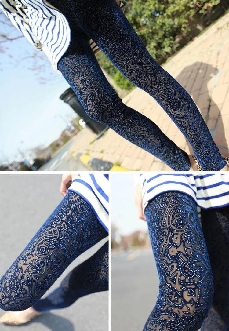 Nine-Minute Bud Silk Pants with Hollow Out Net Yarn Design - Stylish