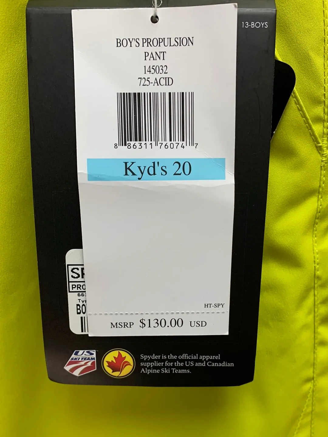 NWT - SPYDER acid neon yellow Ski Propulsion Insulated Pants - Kyd's 20