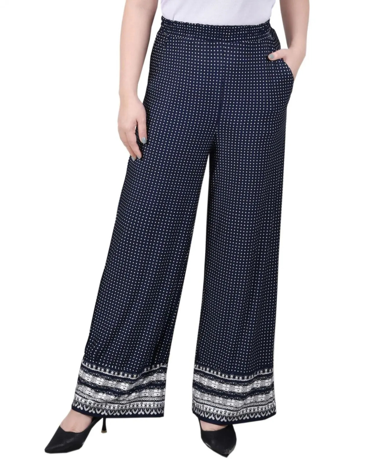 Ny Collection Womens Petites Jersey Polka Dot Wide Leg Pants PITP0340B