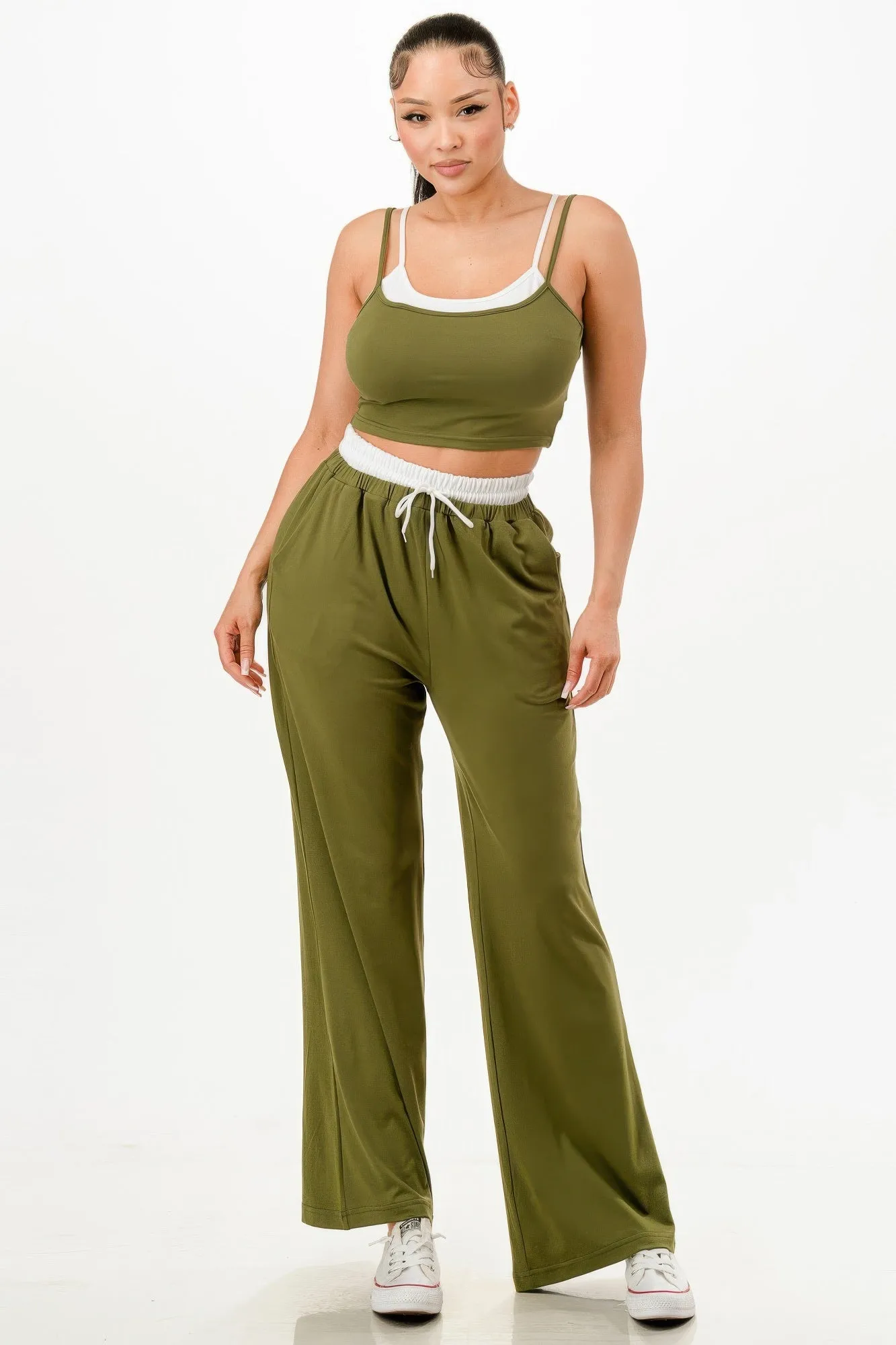 Olive Green Tank Top And Sweatpants Set