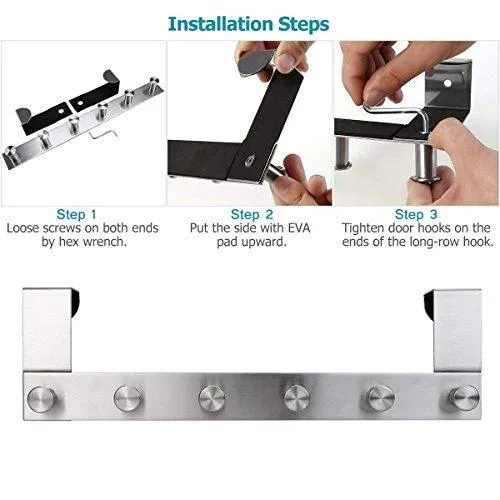 Over the Door Hook Hanging Towel Rack - 18/8 Stainless Steel Multiple Use Z Shaped Hanging Over Door Hooks Use for Kitchen, Bathroom, Bedroom, Office, Cabinet Door (6 Hook)