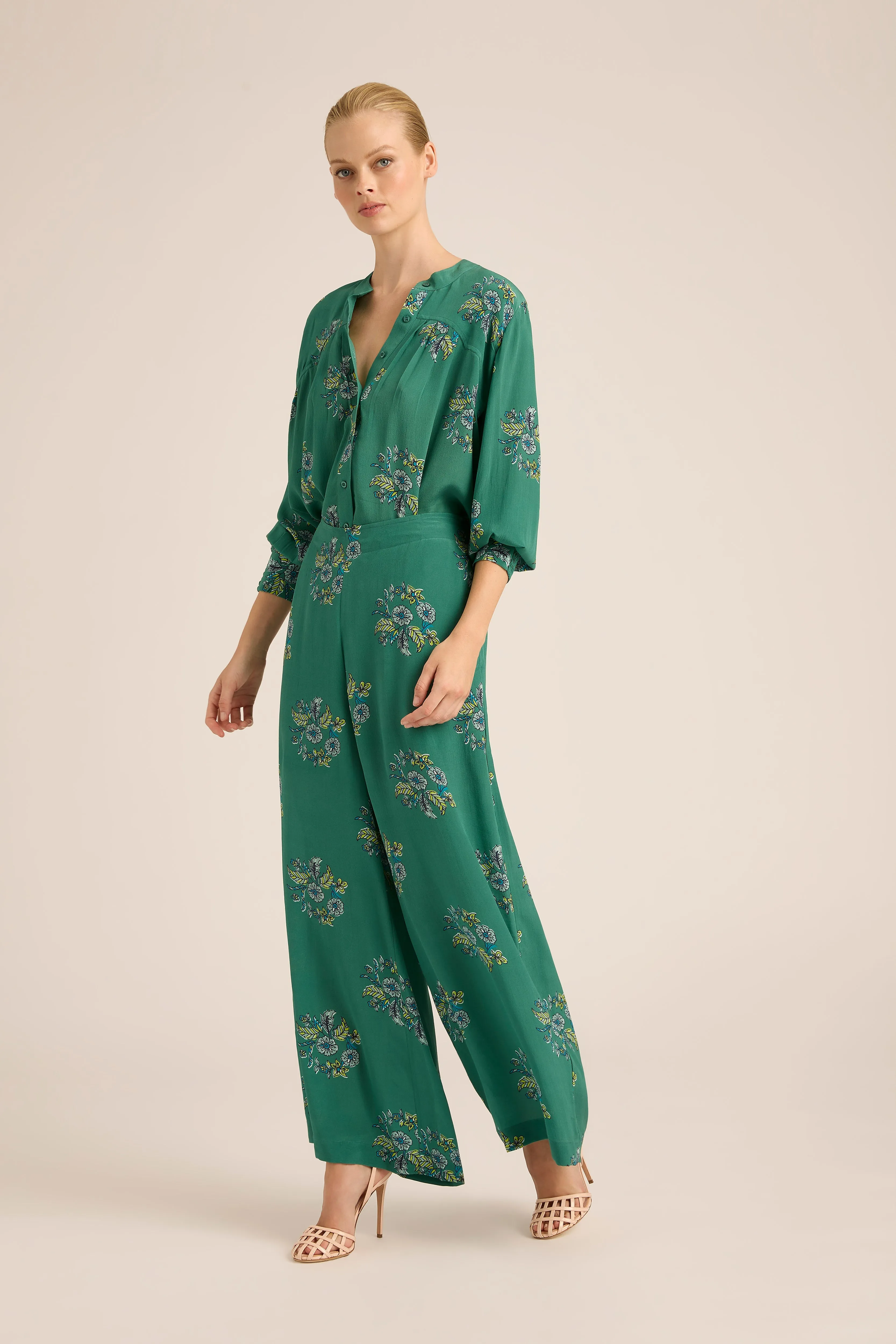 PALAZZO SILKY WREATH MINT PANTS