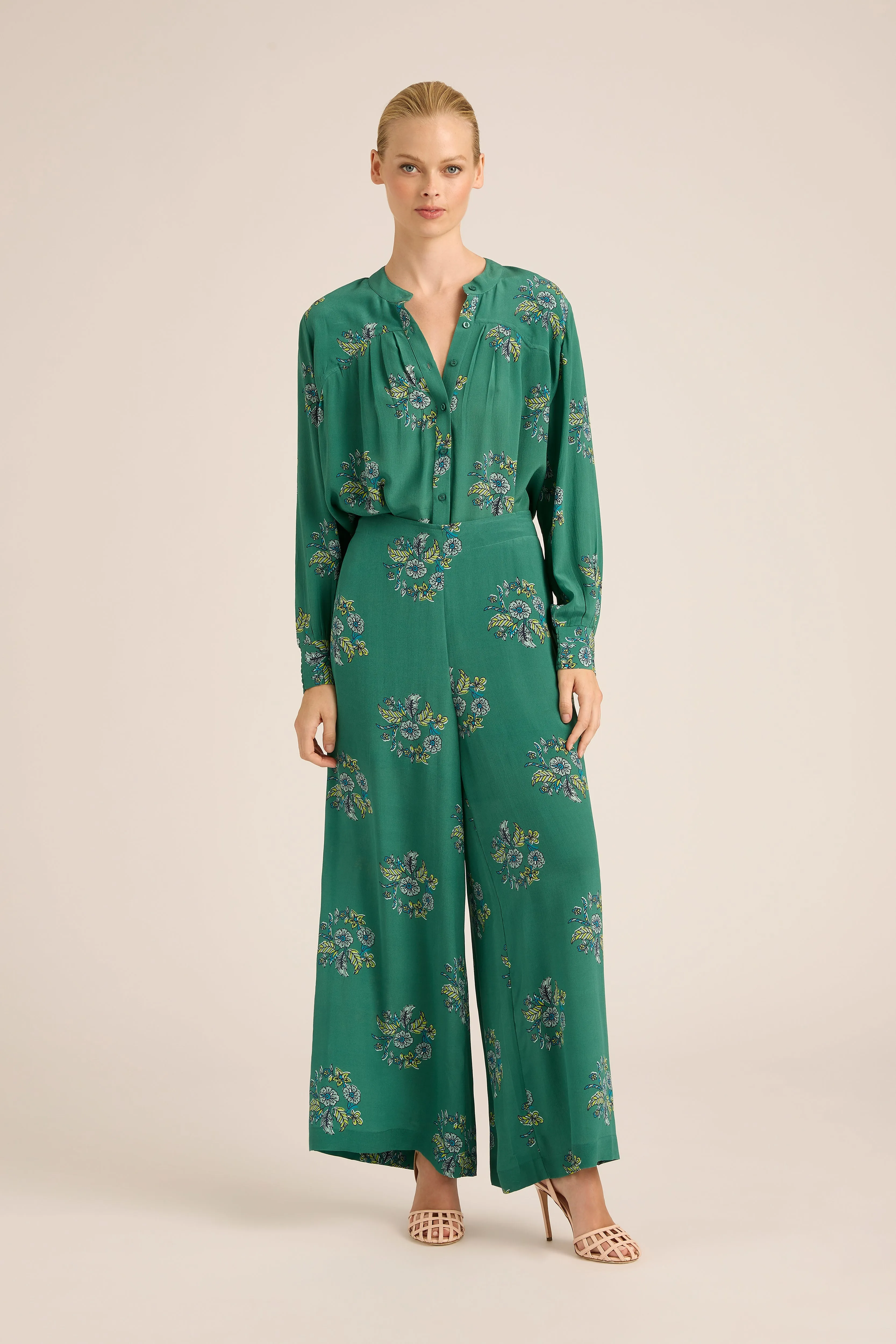 PALAZZO SILKY WREATH MINT PANTS