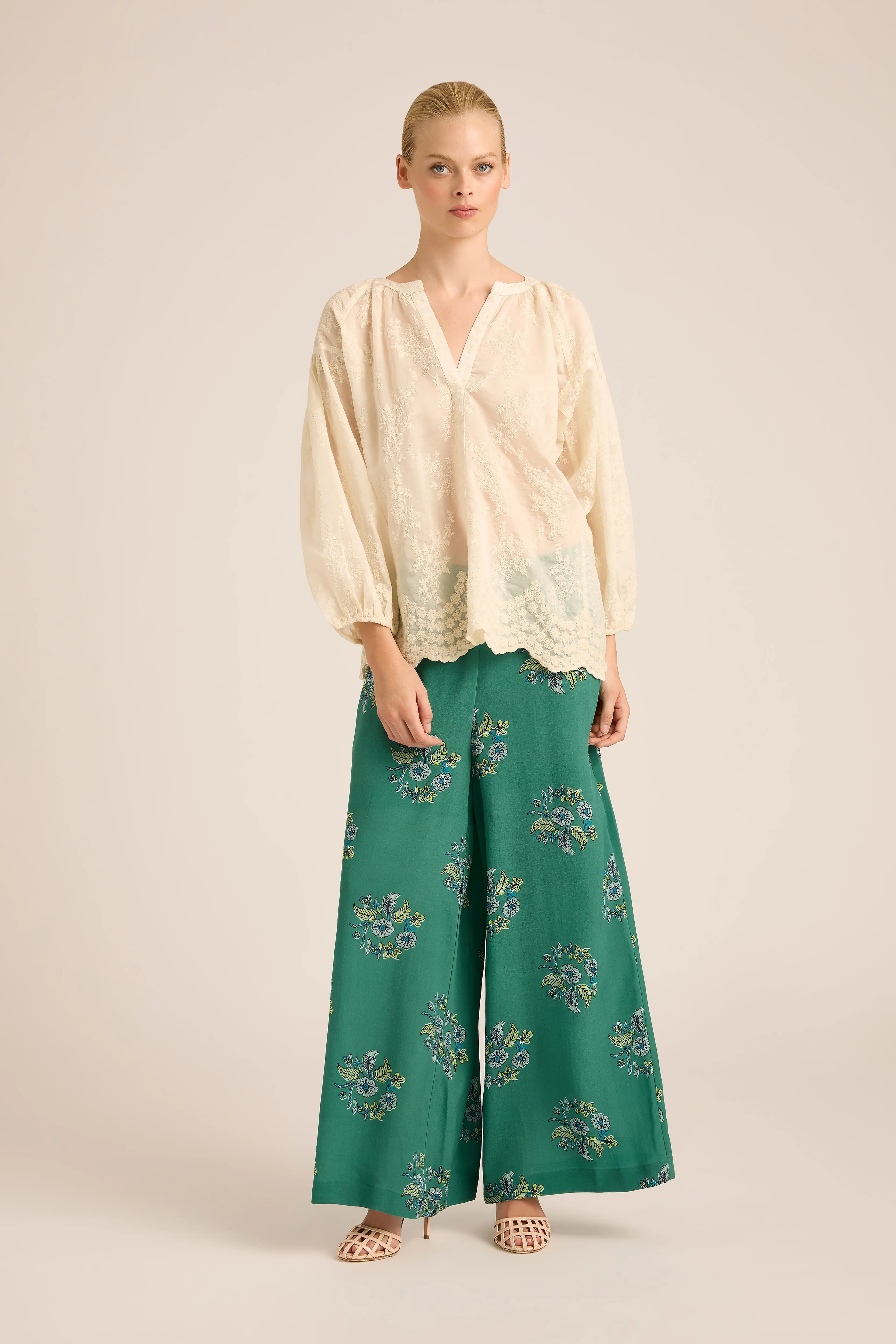 PALAZZO SILKY WREATH MINT PANTS