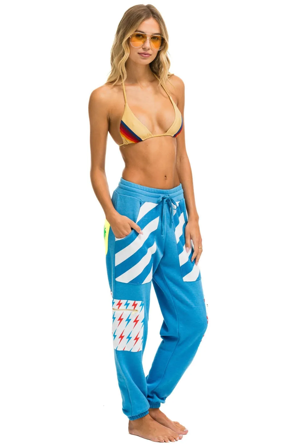 PALM BOLT STRIPE CARGO COLOR BLOCK SWEATPANTS - OCEAN // NEON YELLOW