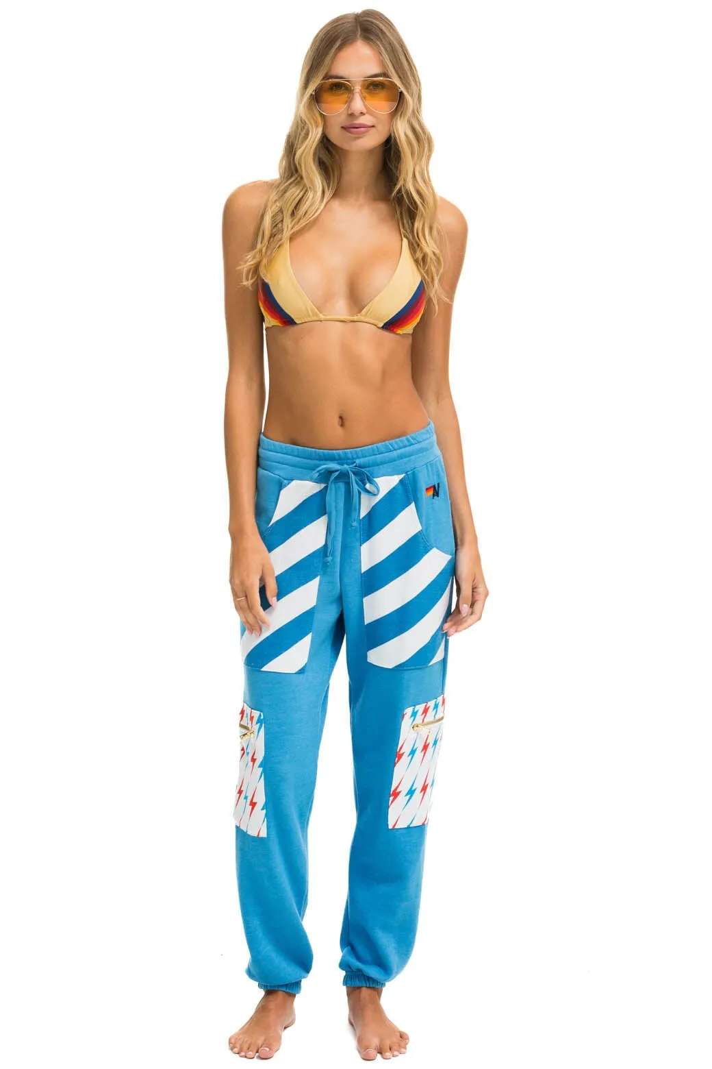 PALM BOLT STRIPE CARGO COLOR BLOCK SWEATPANTS - OCEAN // NEON YELLOW